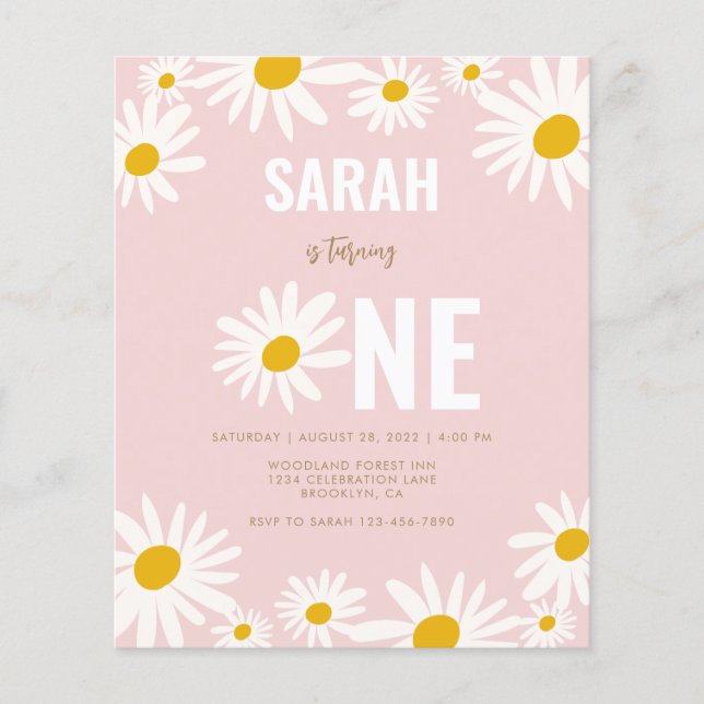BUDGET Pink Daisy Flower 1st Birthday Invitatation (Front)