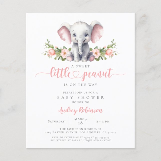 Budget Pink Elephant  Baby Girl Shower Invitation (Front)