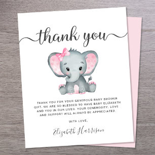 Budget Pink Elephant Baby Shower Thank You Card