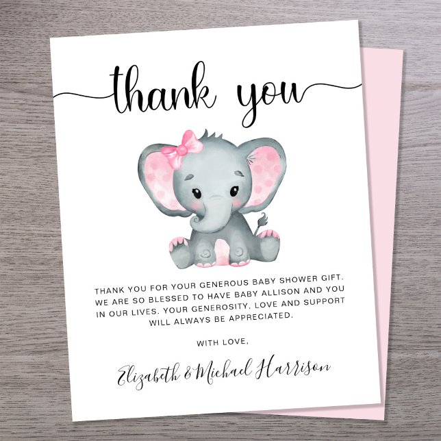 Budget Pink Elephant Baby Shower Thank You Card (Creator Uploaded)