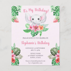 Budget Pink Elephant Girl Baby Birthday Invite