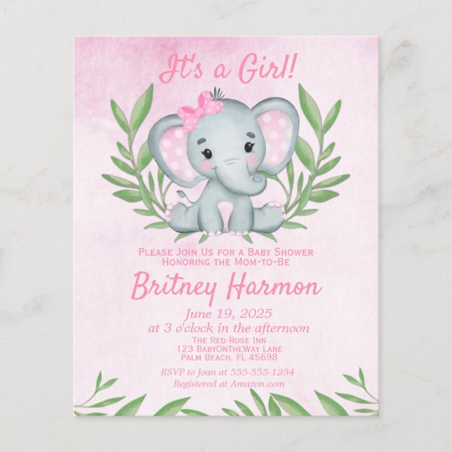 Budget Pink Elephant Girl Baby Shower Invitation Flyer (Front)