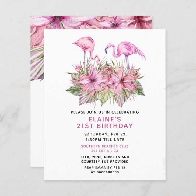 Budget Pink Flamingo Birthday Party Invitation (Front/Back)