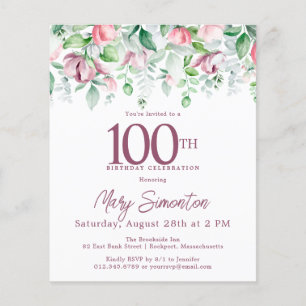 Budget Pink Floral 100th Birthday Invitation
