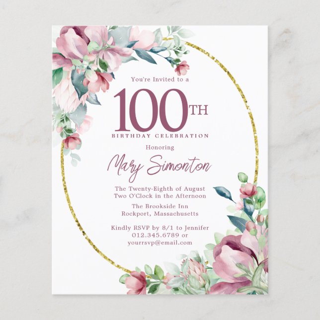 Budget Pink Floral 100th Birthday Invitation (Front)
