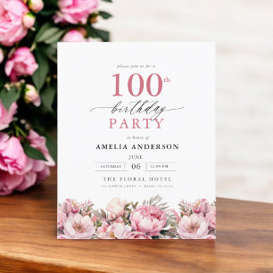 Budget Pink Floral 100th Birthday Invitation Flyer