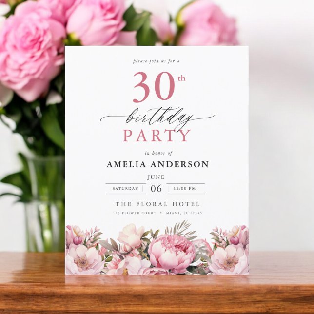 Budget Pink Floral 30th Birthday Invitation Flyer (Creator Uploaded)