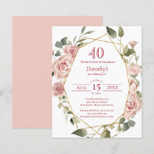 Budget Pink Floral 40th Birthday Invitation