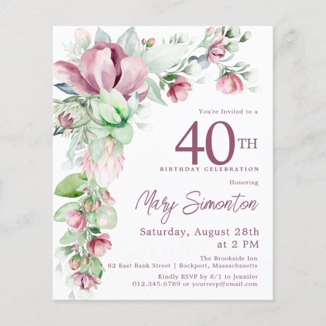 Budget Pink Floral 40th Birthday Invitation (Front)