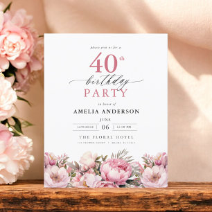 Budget Pink Floral 40th Birthday Invitation