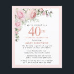 Budget Pink Floral 40th Birthday Invitation<br><div class="desc">Soft blush pink frame with an elegant pink rose floral arrangement in the upper left corner. 40th is written in a beautiful rose gold texture. Pretty and feminine design.</div>