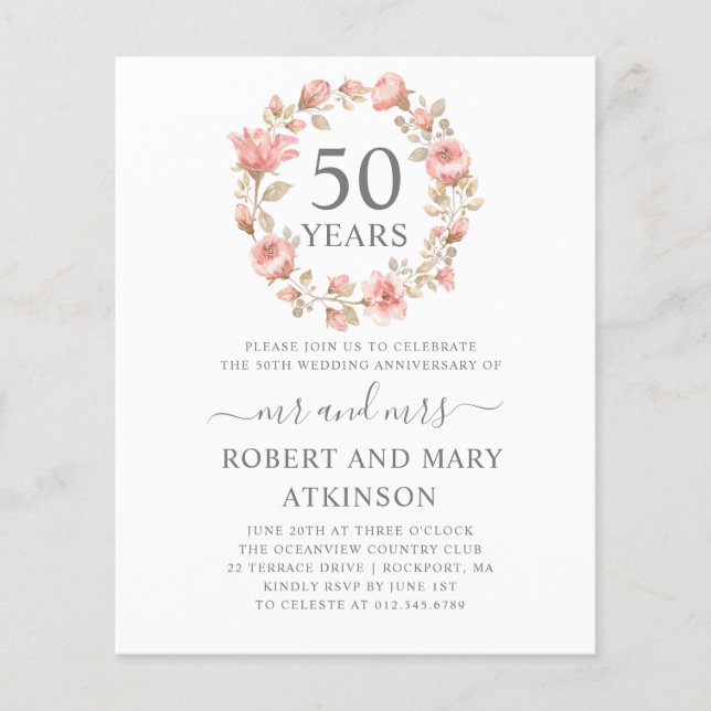 Budget Pink Floral 50th Anniversary Invitation (Front)