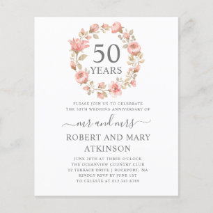 Budget Pink Floral 50th Anniversary Invitation