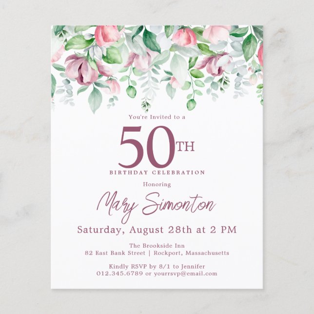 Budget Pink Floral 50th Birthday Invitation (Front)
