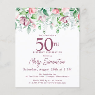 Budget Pink Floral 50th Birthday Invitation