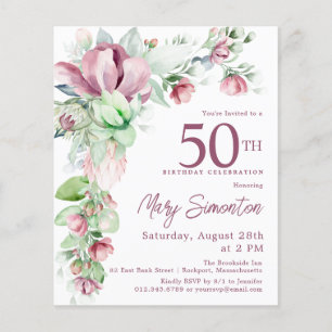 Budget Pink Floral 50th Birthday Invitation