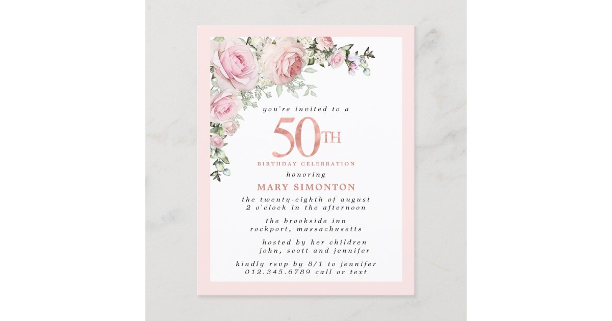 Budget Pink Floral 50th Birthday Invitation Zazzle