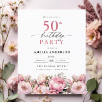 Budget Pink Floral 50th Birthday Invitation