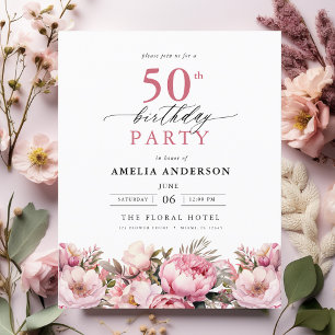 Budget Pink Floral 50th Birthday Invitation Flyer