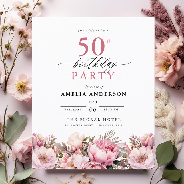 Budget Pink Floral 50th Birthday Invitation Flyer (Creator Uploaded)