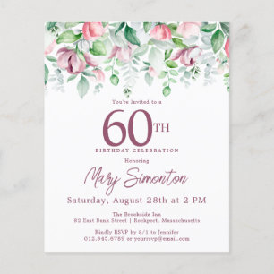 Budget Pink Floral 60th Birthday Invitation