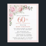 Budget Pink Floral 60th Birthday Invitation<br><div class="desc">Soft blush pink frame with an elegant pink rose floral arrangement in the upper left corner. 60th is written in a beautiful rose gold texture. Pretty and feminine design.</div>