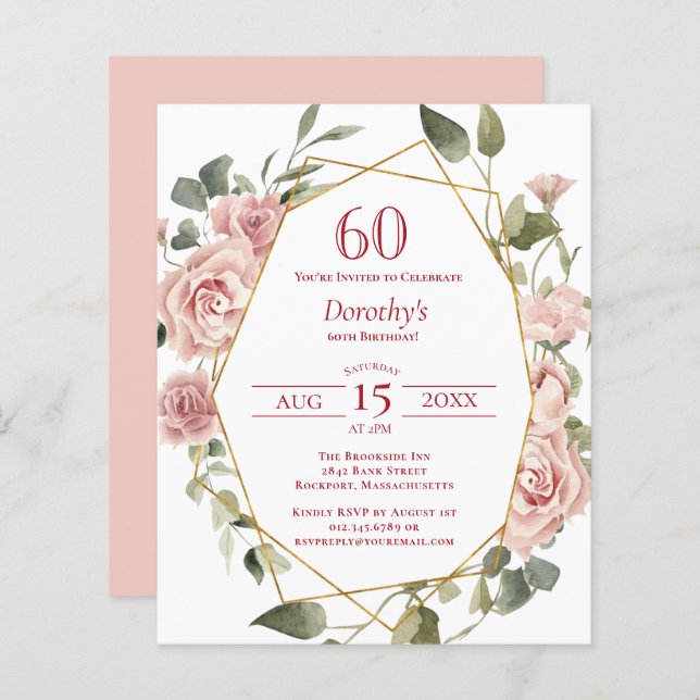 Budget Pink Floral 60th Birthday Invitation (Front/Back)
