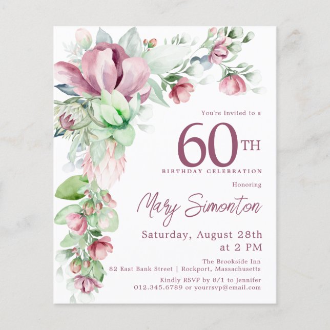 Budget Pink Floral 60th Birthday Invitation (Front)