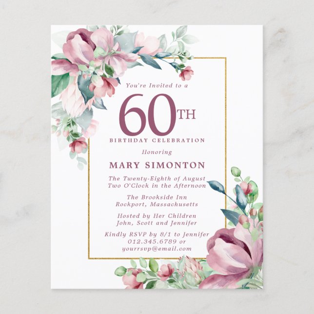 Budget Pink Floral 60th Birthday Invitation (Front)