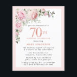 Budget Pink Floral 70th Birthday Invitation<br><div class="desc">Soft blush pink frame with an elegant pink rose floral arrangement in the upper left corner. 70th is written in a beautiful rose gold texture. Pretty and feminine design.</div>