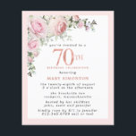 Budget Pink Floral 70th Birthday Invitation<br><div class="desc">Soft blush pink frame with an elegant pink rose floral arrangement in the upper left corner. 70th is written in a beautiful rose gold texture. Pretty and feminine design.</div>
