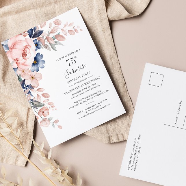 Budget Pink Floral 75th Birthday Invitation (Pink Floral Watercolor 75th Birthday Party Invitation Postcard)