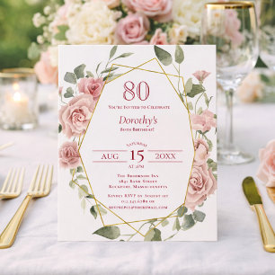 Budget Pink Floral 80th Birthday Invitation