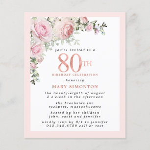 Budget Pink Floral 80th Birthday Invitation