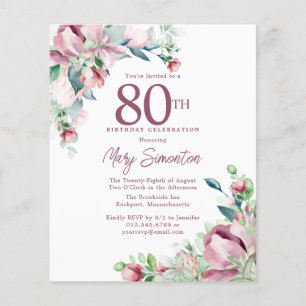 Budget Pink Floral 80th Birthday Invitation