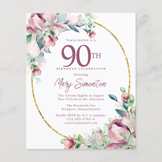 Budget Pink Floral 90th Birthday Invitation (Front)