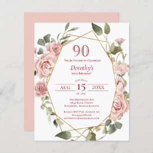 Budget Pink Floral 90th Birthday Invitation