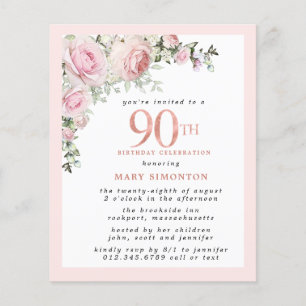 Budget Pink Floral 90th Birthday Invitation