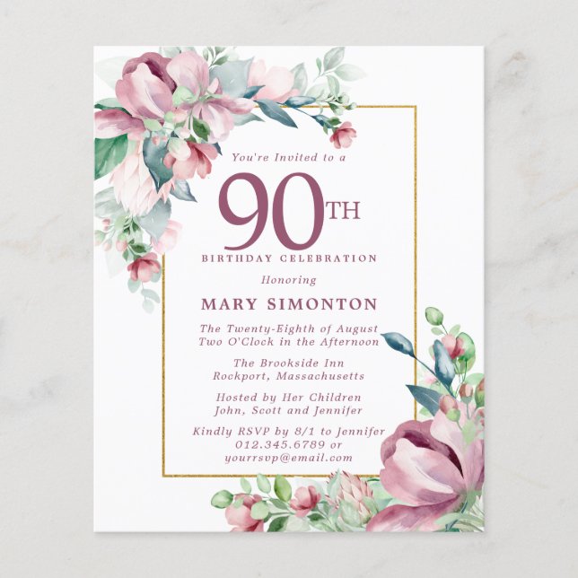 Budget Pink Floral 90th Birthday Invitation (Front)