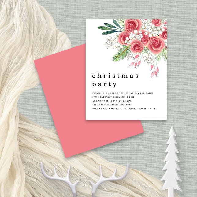 Budget Pink Floral Berries Christmas Party Invite (Front and back view, budget price smaller 4.5 x 5.6" alternative)