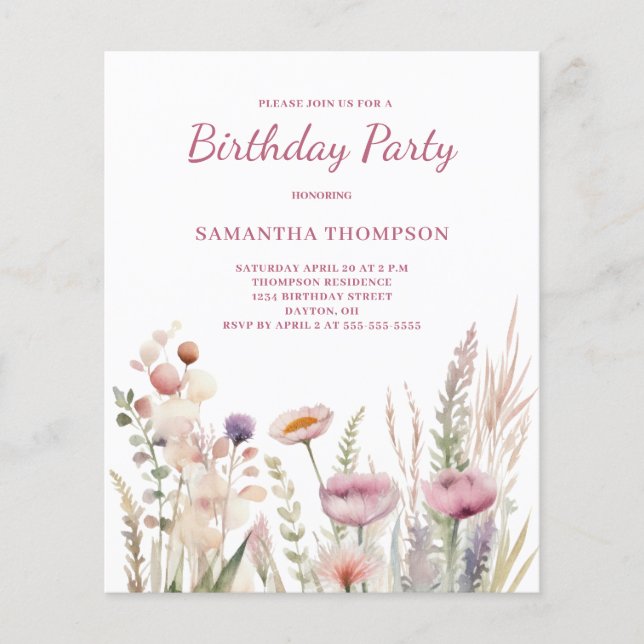 Budget Pink Floral Birthday Invitation  (Front)