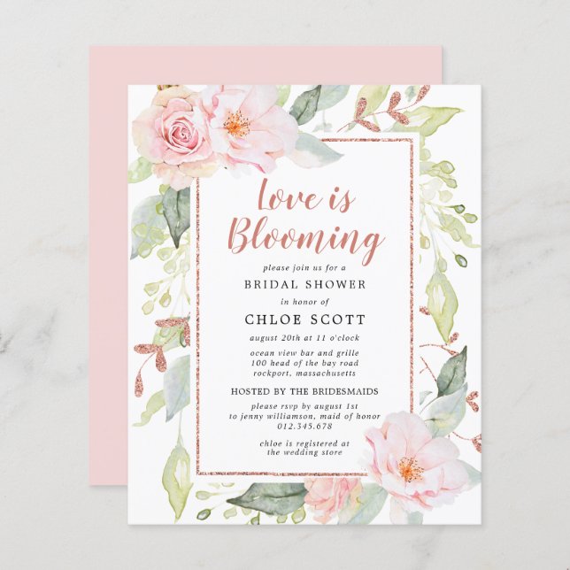 Budget Pink Floral Bridal Shower Invitation (Front/Back)