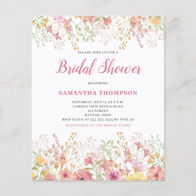 Budget Pink Floral Bridal Shower Invitation Flyer (Front)