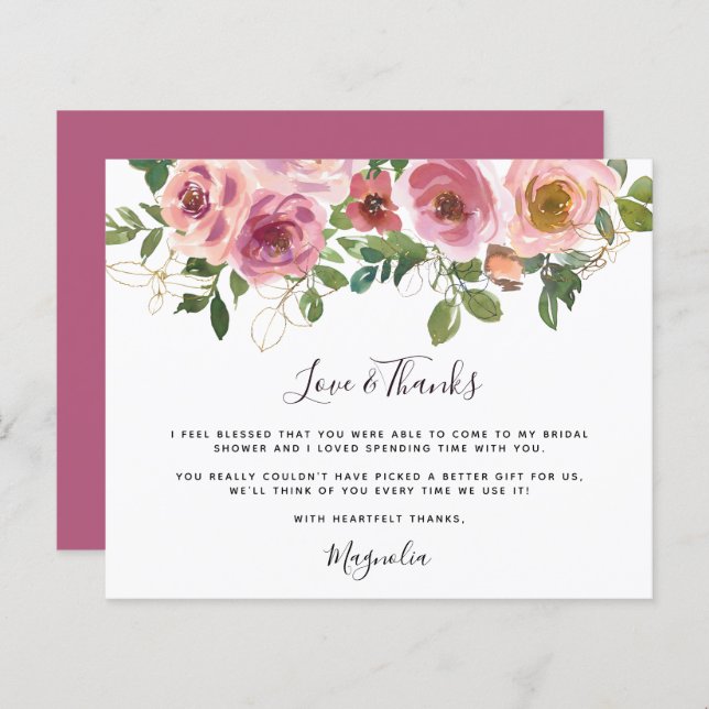 Budget Pink Floral Bridal Shower Thank You Card (Front/Back)
