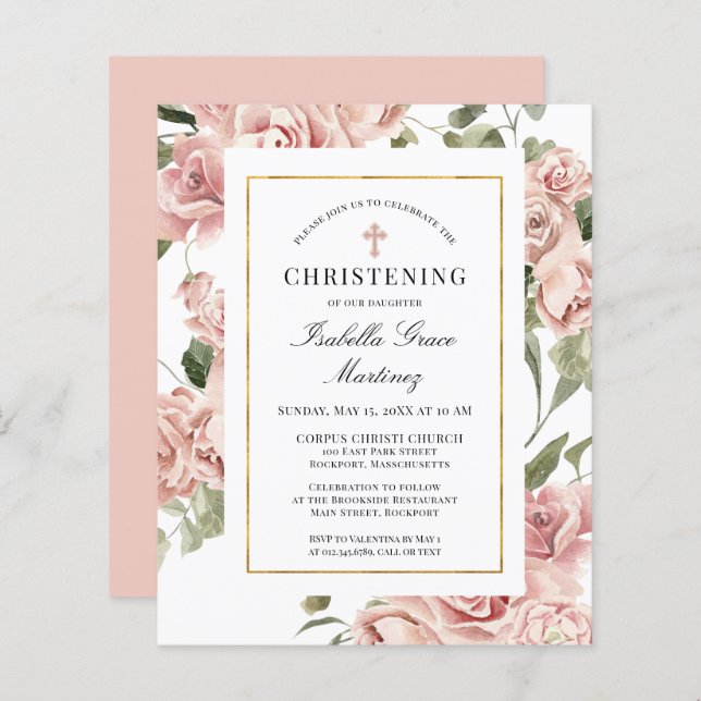 Budget Pink Floral Cross Christening Invitation (Front/Back)