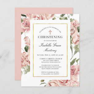 Budget Pink Floral Cross Christening Invitation