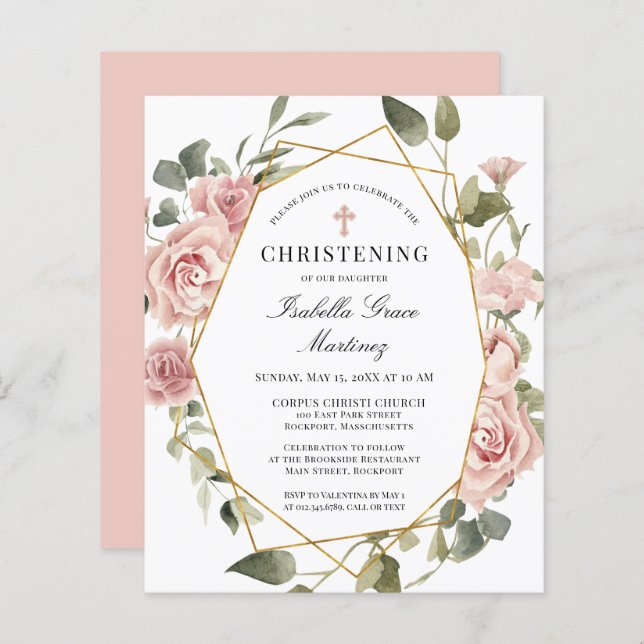 Budget Pink Floral Cross Christening Invitation (Front/Back)