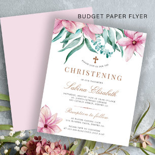 Budget pink floral elegant christening invitation flyer