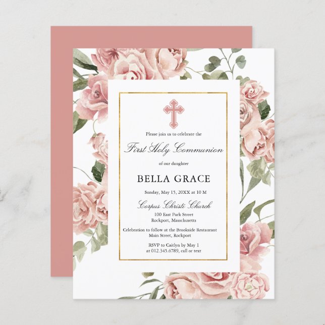 Budget Pink Floral First Holy Communion Invitation (Front/Back)