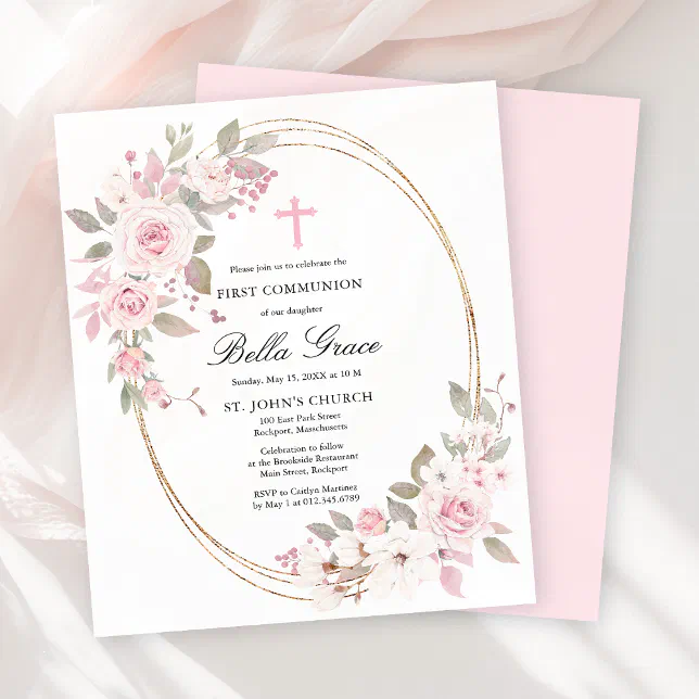 Budget Pink Floral First Holy Communion Invitation | Zazzle